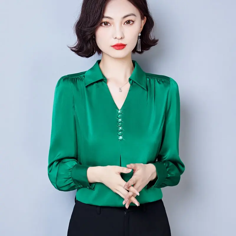 

Fashionable Silk Shirt Women's Long Sleeve Loose Belly Covering Elegant Middle-Aged Mommy Style Satin Top Korean Commute Style