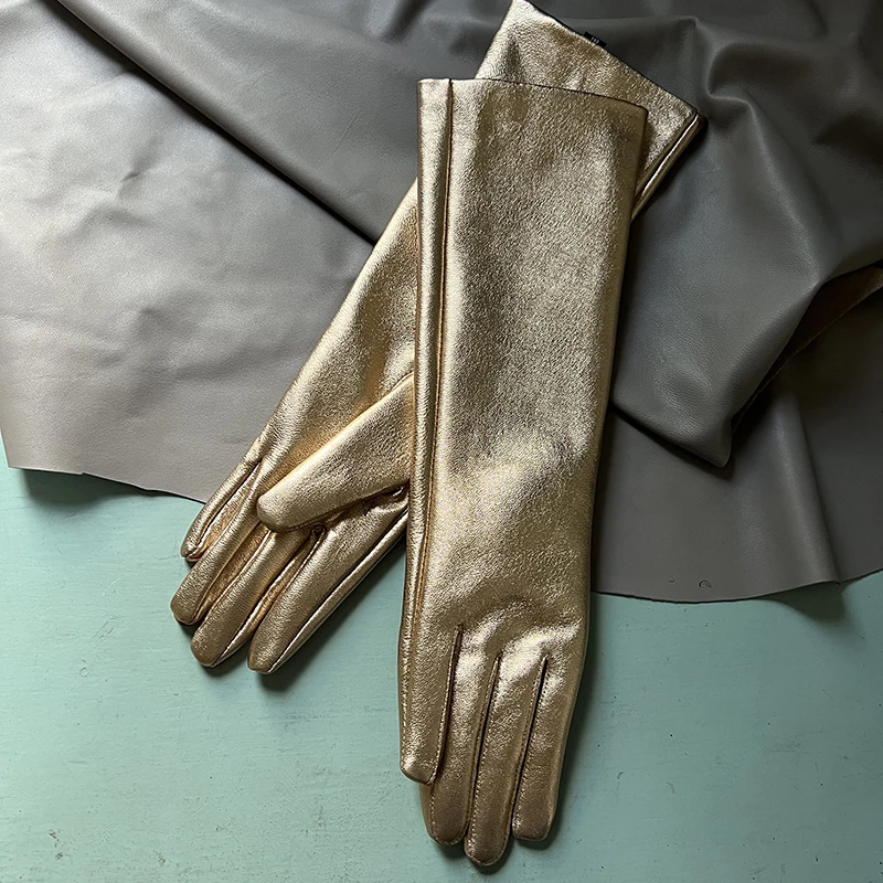 Gants en peau de mouton dorés pour femmes et hommes, longue section sur le coude, couleur vive, collocation de photos de défilés de mode, cuir