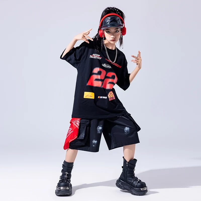 2025, neue Hip-Hop-Tanzkostüme für Mädchen, lose T-Shirts, schwarze Shorts, Outfits für Jungen, Jazz-Performance-Show, Bühnenkleidung DQS 19873