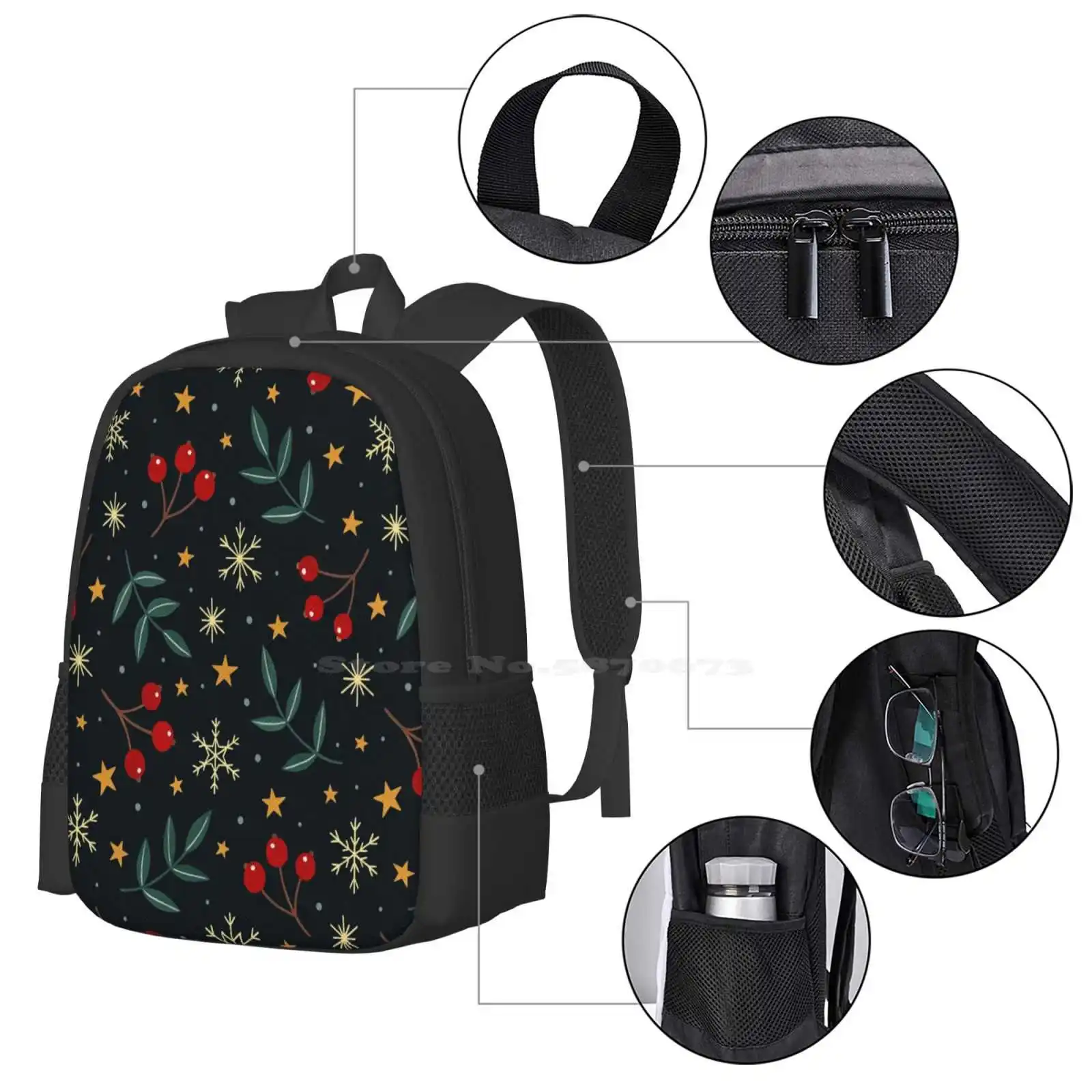 Winter Magic Large Capacity School Backpack Laptop Bags Gouache Winter Berries Berry Leaves Leaf Nature Snowflakes Stars Stary