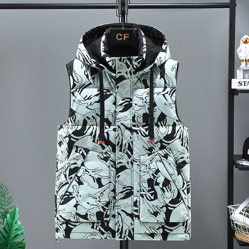 Men's Outdoor Mountaineering Hiking Fashion Trend Tank Top Camouflage Autumn Winter Thickened Warm and Cold Proof Hooded Vest