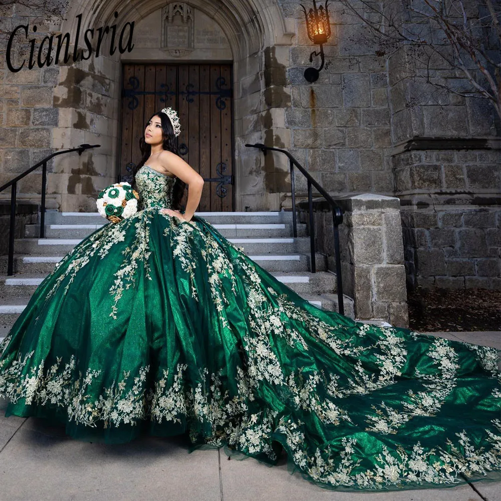 Emerald Green Quinceanera Dresses for Sweet 15 Year Sexy Sweetheart  Puffy Ball Gown Lace Appliques Princess Gowns