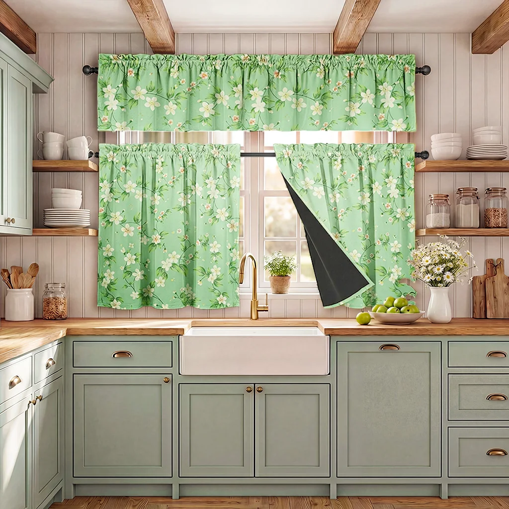 3-Piece Set, French-Style Watercolor Print Kitchen Blackout Curtain Set, Includes One Valance and a Pair of Small Curtains, Beautiful Illustration Print, Fade-Resistant, Ruffled Rod Pocket Design, Easy to Install, Lightweight and Soft, Black Coating Lining, 100% Blackout Effect, Privacy Protection, Polyester Material, Washable, Suitable for All Seasons, Darkens the Room, Suitable for Bedrooms, Living Rooms, Offices, Kitchens, Dining Rooms, Cafes, Dorms