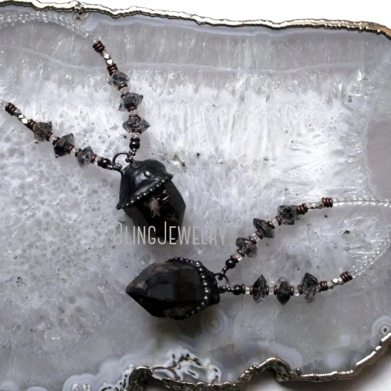 NM43161 Witch Boho Goth Jewelry Smoky Quartz Herkimer Crystal  Point Beaded Statement Necklace Halloween