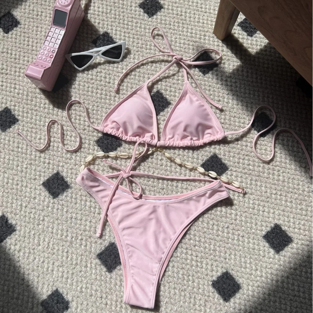 

2025 Shell Chain Bikini Set - Minimalist Solid Color Women's Swimsuit for Beach & Resort