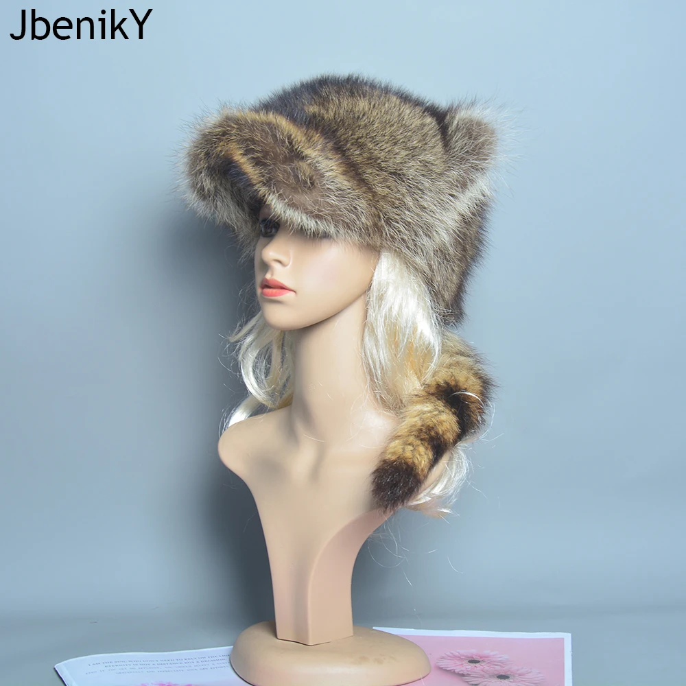 New Fluffy Natural Raccoon Fur Bomber Hat Cat Ears Balls Trapper Hat Winter Warm Women Girls Outdoor Snow Earflap Hats With Tail