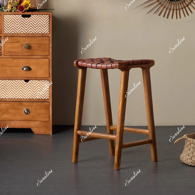 Retro solid wood cowhide Nordic home island dining chair B & B bar stool