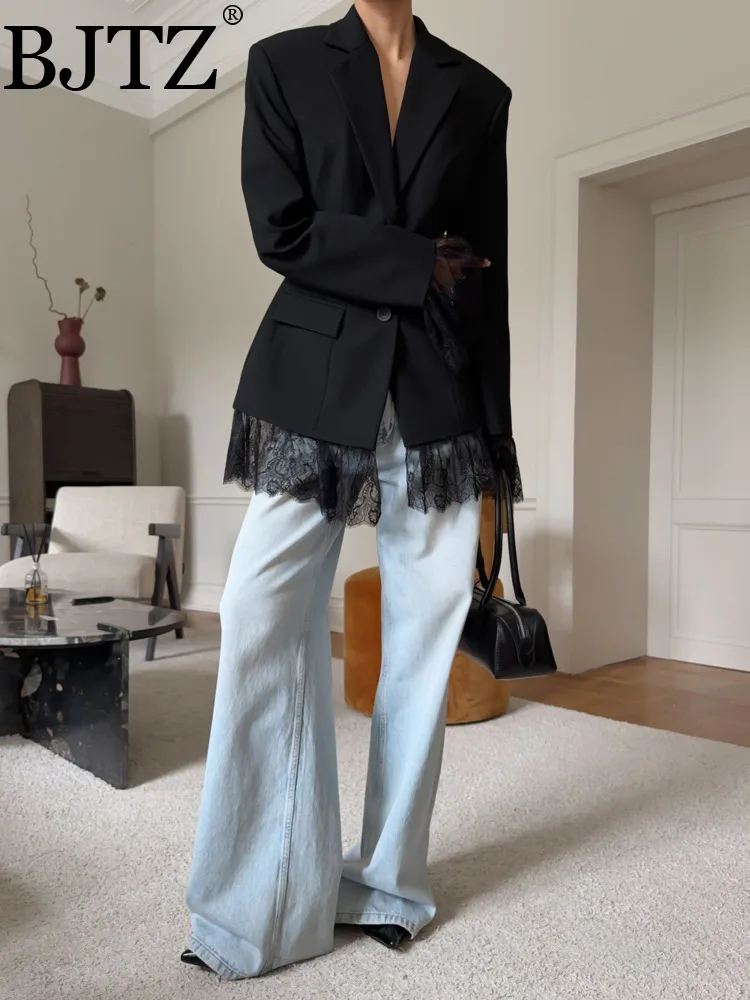 

BJTZ 2026 Spring Autumn Women's Lace Panel Blazer - Luxury Slim Fit Waist-Cinched Chic Design Outerwear