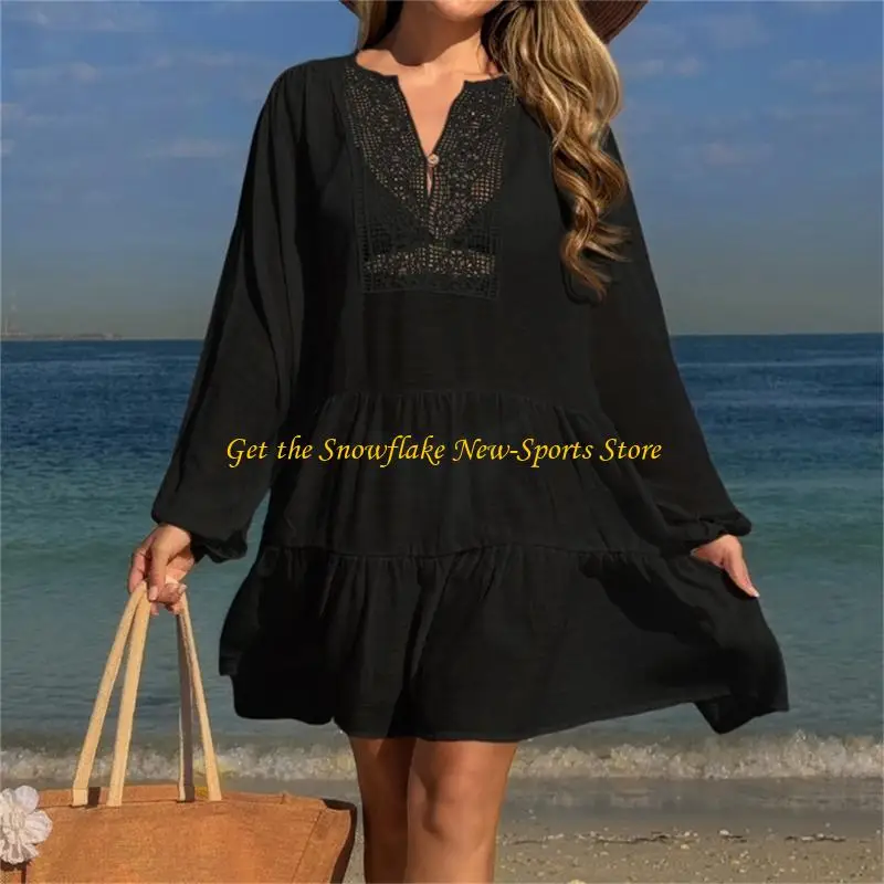 E56D Kobiet Długie rękawy sukienka plażowa w szpic w szyku luz luźna sukienka plażowa