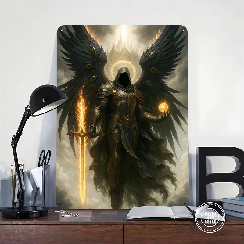 Angel Warrior With Fiery Sword Printed Poster Customized Wall Art Retro Vintage Metal Tin Signs for Office Decor Room Man Cave