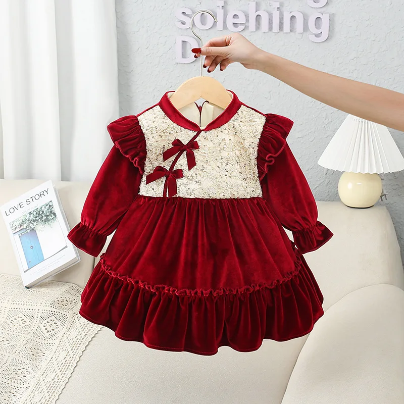 Girl\'s Princess Sequin Dress Winter Children Baby Infants Kids Velvet Thickened Bow Red Birthday Christmas New Year