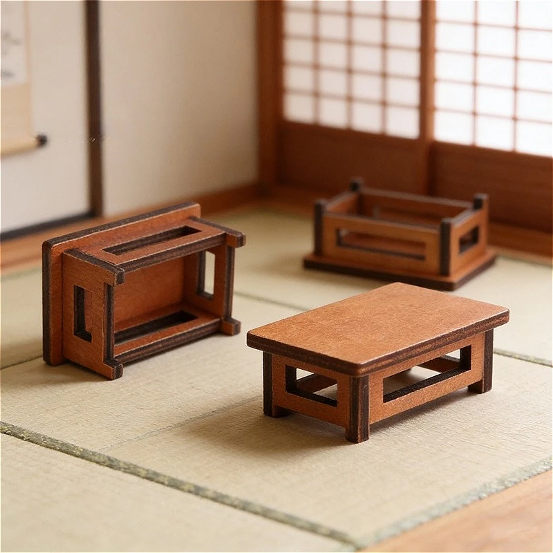Vintage Wooden Miniature Table 1:12, Handcrafted Dollhouse Furniture Model, Rustic Photography Prop for Micro Scene