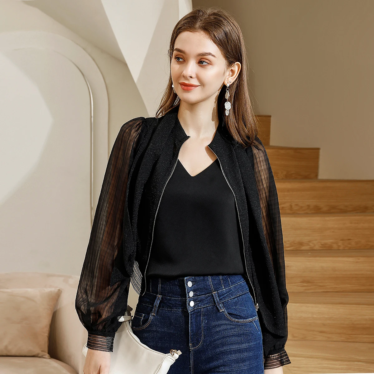 

Модная женская блузка в корейском стиле с ажурным узором и перекрестными завязками, двусторонняя, с вырезами, модель Ele Bla Long Sve irt