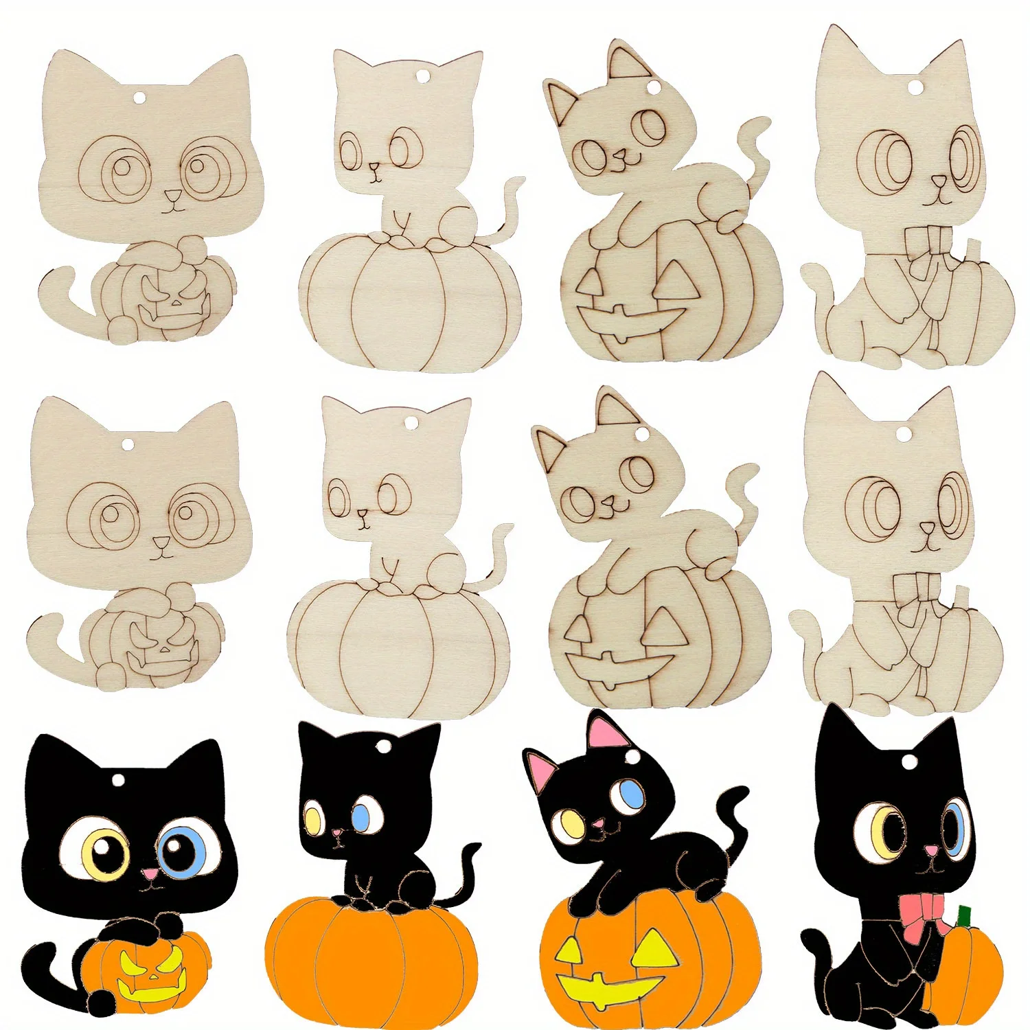 16pcs Wooden Halloween Unpainted Hanging Crafts Cartoon Cat Pumpkin Ornament for Halloween Decoration DIY Painting Gifts Supply