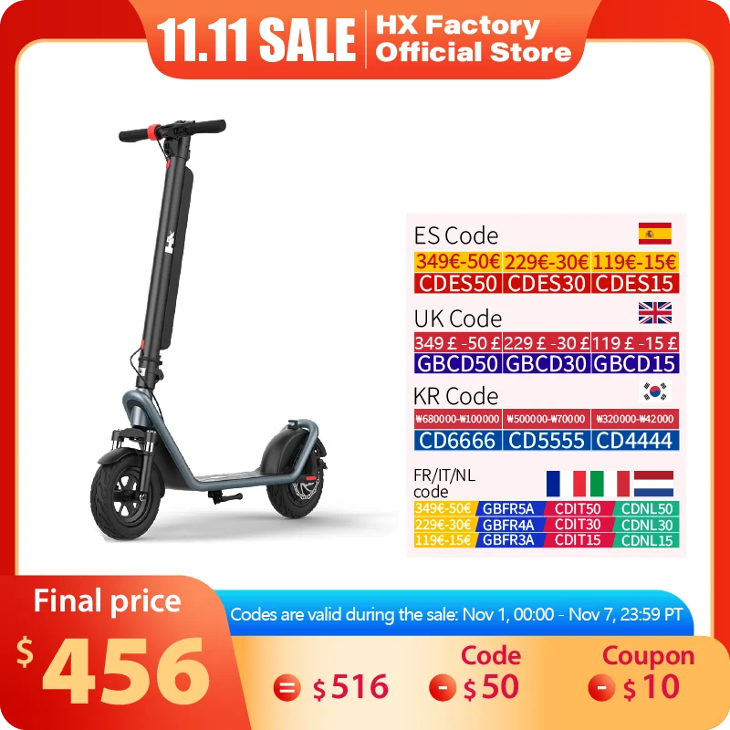 

HX 13AH Electric Scooter Powerfull 450W 35KM/H Foldable Electric Kick E Scooter 10 Inch APP Smart Escooter for Adults