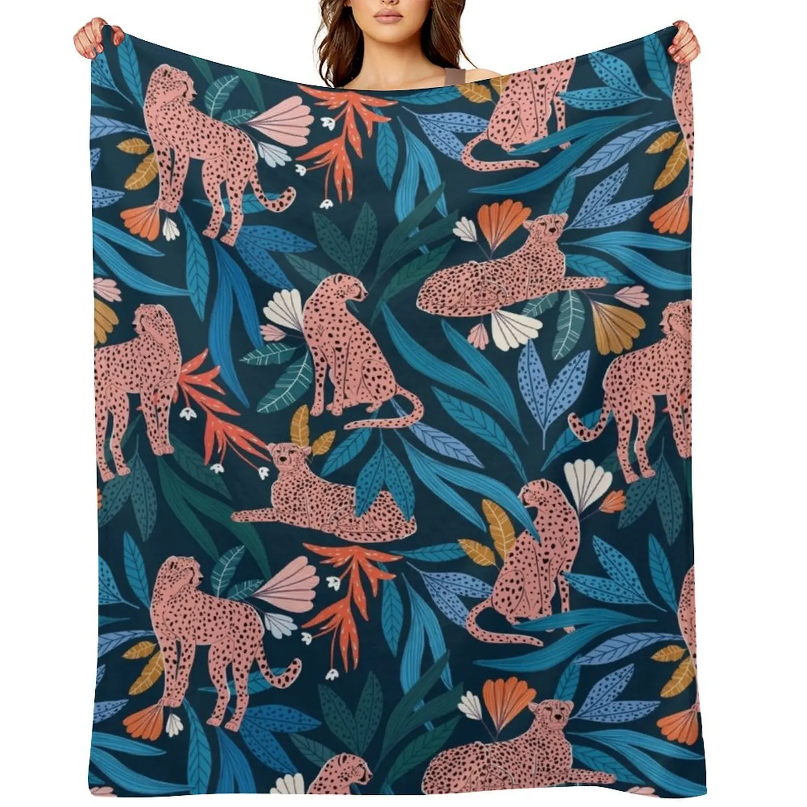 

Cheetah in Leaves & Flowers no.1 Throw Blanket for sofa Summer Beddings Sofa Throw Thin Blankets