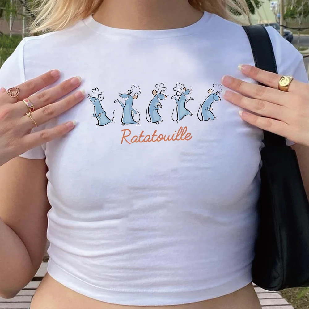 Kawaii Mouse Graphic Crop Top Cute Rat Cropped Tops Retro Ratatouille Tee Women Fitted Crop Tops Girl Trendy Summer Y2k Tops