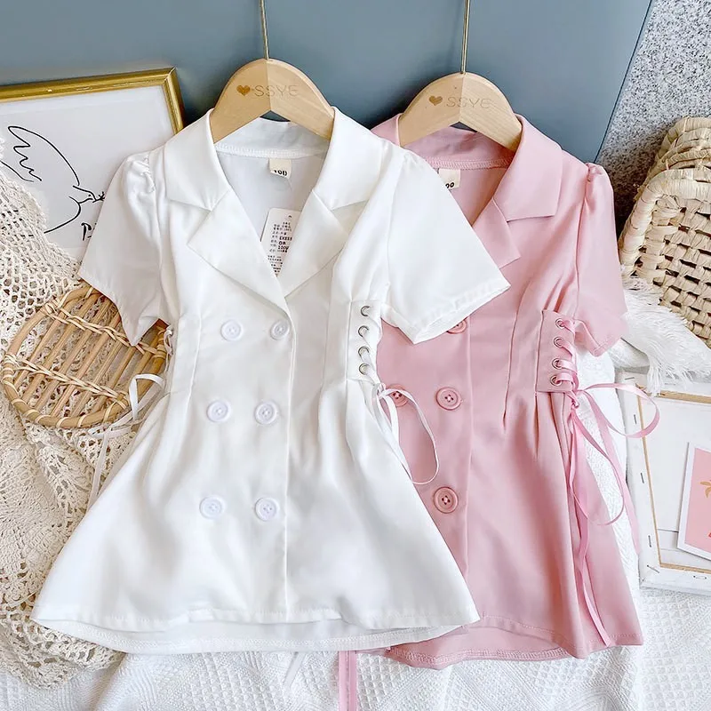 New Girls Summer Dress Thin Korean Version Slimming Temperament Children's Lapel Princess Dress