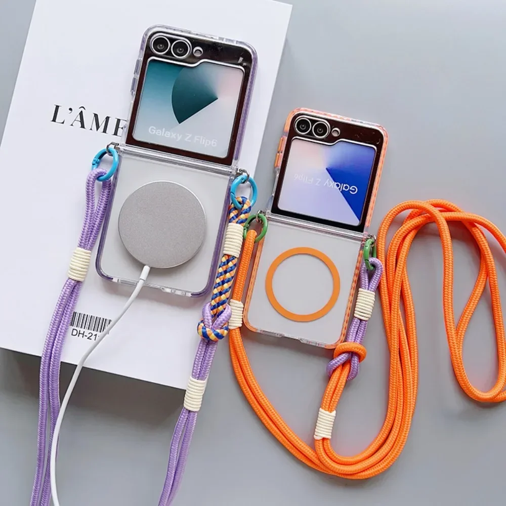 

Чехол для телефона Magsafe с магнитным ремешком через плечо для Samsung Galaxy Z Flip 7 6 5 4 3 Flip6 Flip5 Flip4 Flip7, прозрачный чехол