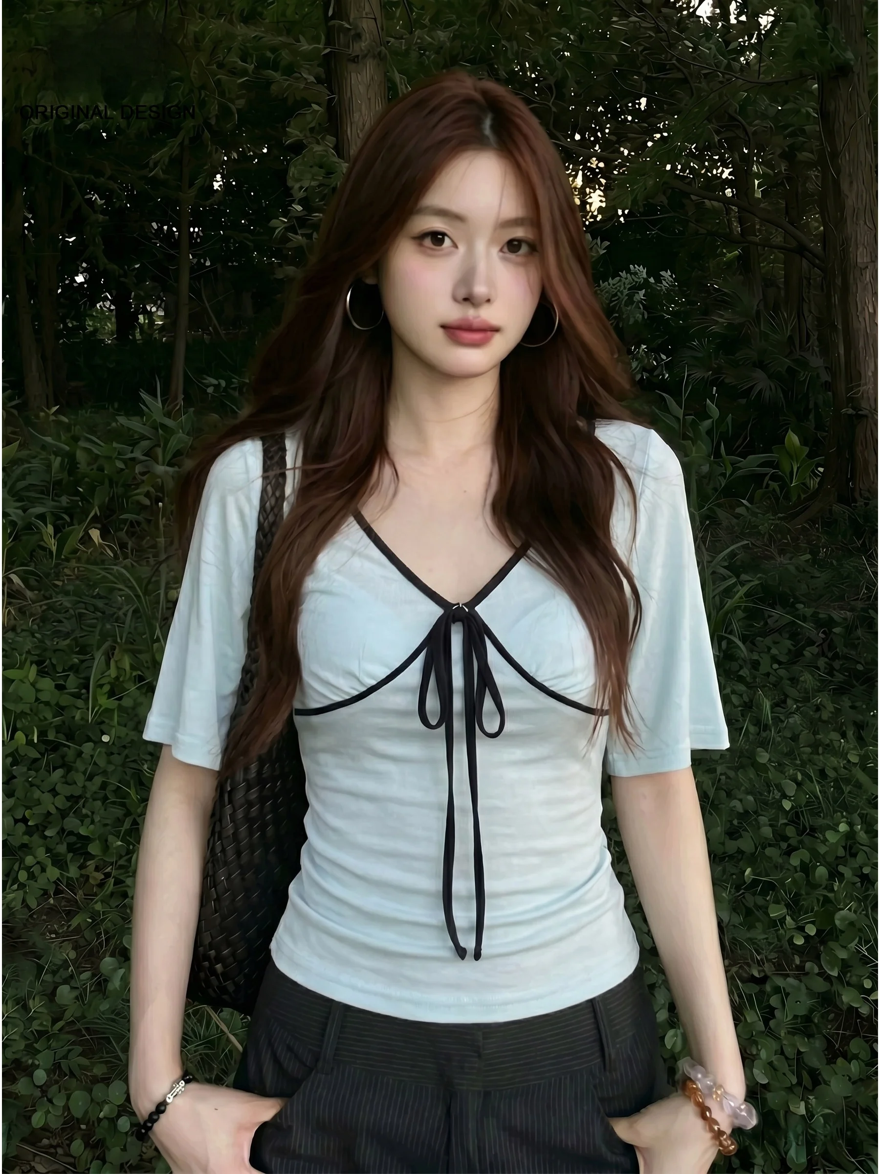 Blue V-Neck Bell Sleeve T-Shirt Women's Summer Slimming Design Short Sleeve Top Korean Style Knot Detail Casual Fashion