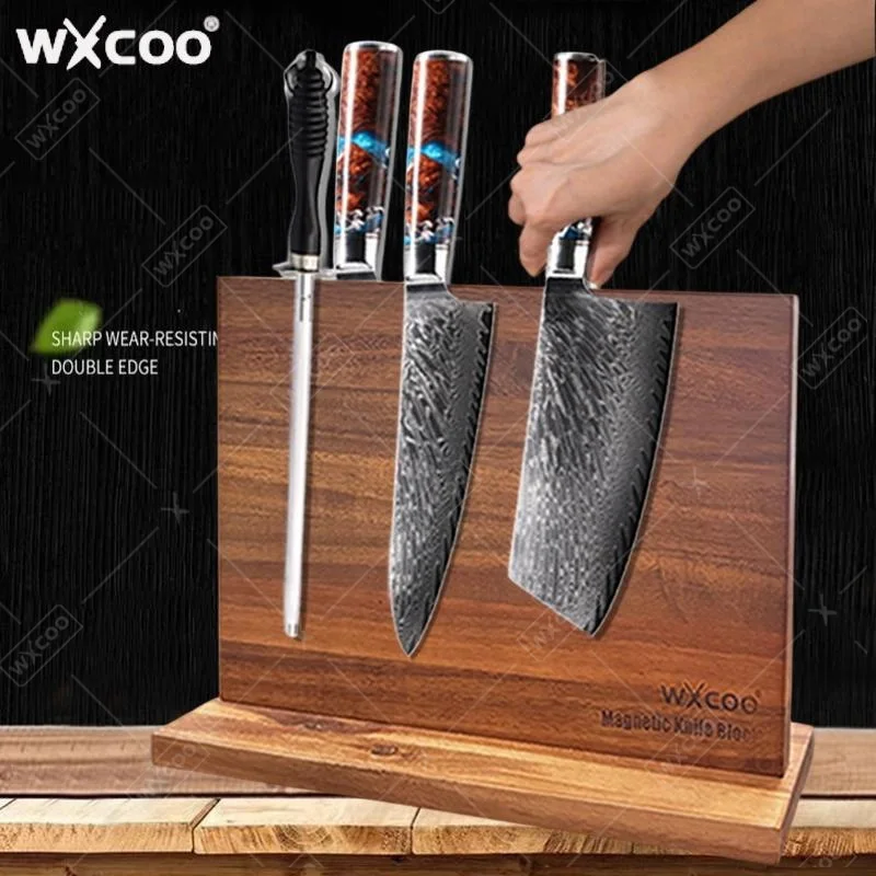WXCOO Multifunktionaler Magnetischer Messerhalter Küchenmesser-Aufbewahrung Akazienholz Stark Magnetisierte Blöcke für Zuhause