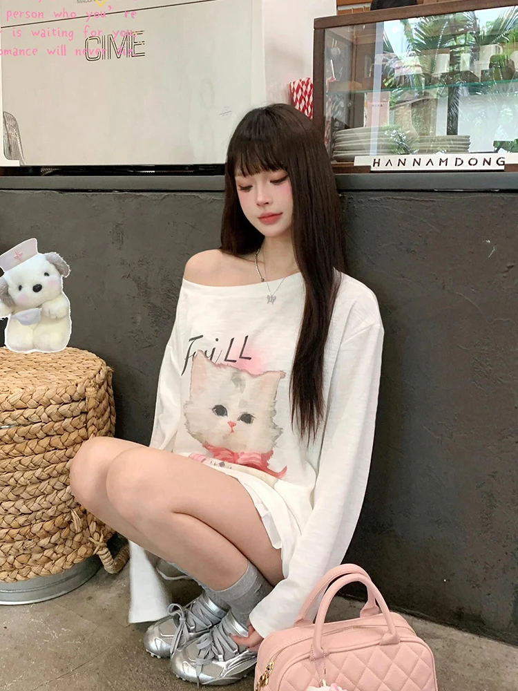 

Sweet And Spicy Girl Print One oulder Long Sve T-irt Women's Spring Autumn Loose Slimming Base irt Top
