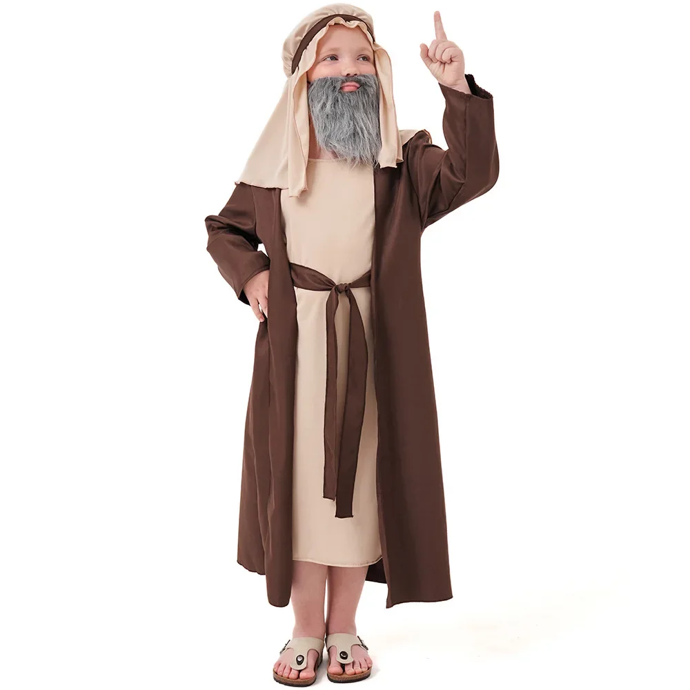 Divertido niños gran oferta árabe marrón abuelo disfraz de Halloween bata de pastor de Oriente Medio para chico niños con ropa para la cabeza