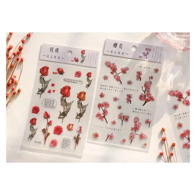 

1pack Plant Flower Stickers Sakura Rose Diary PET Seal Sticker Baking Gift Label Scrapbook Planner Decorative Stationery 15cm