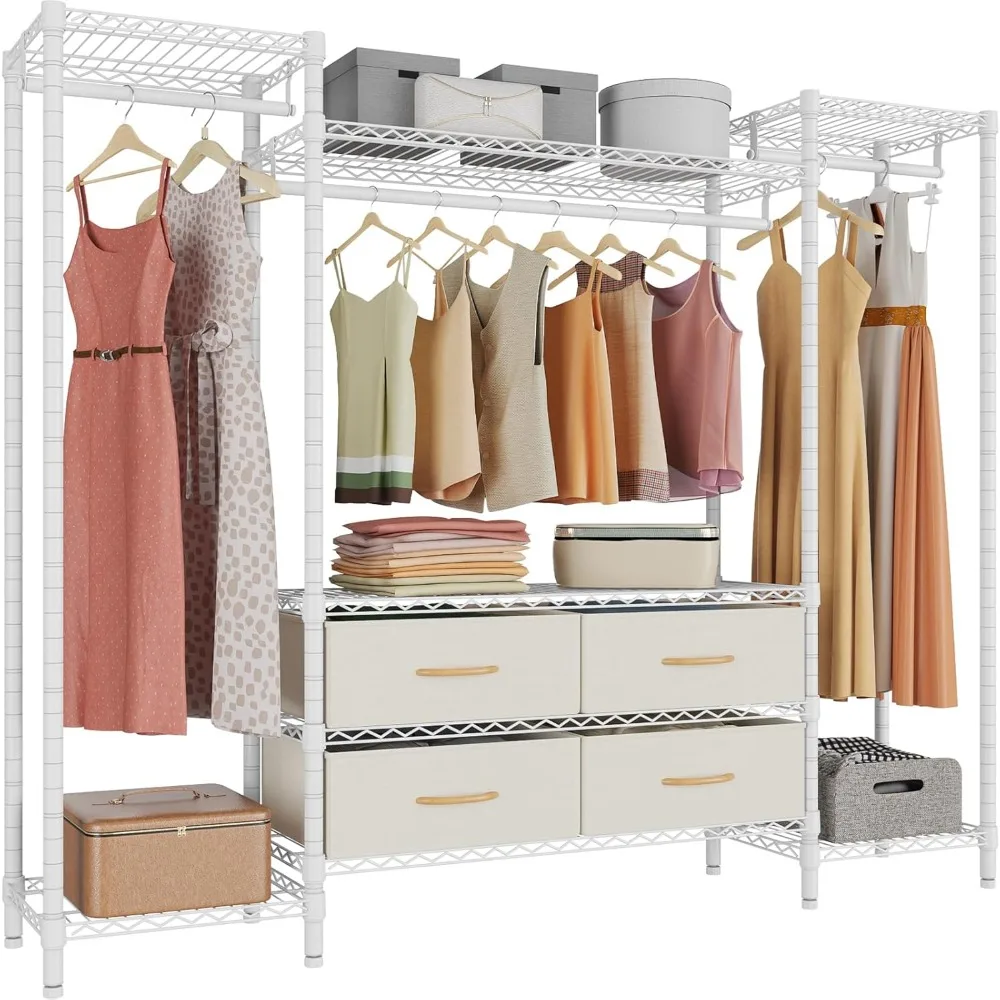 

Wire Garment Rack Heavy Duty Clothes Rack, Metal Clothing Rack with 6 Shelves, 3 Hang Rods & 4 Fabric Drawers, Compact