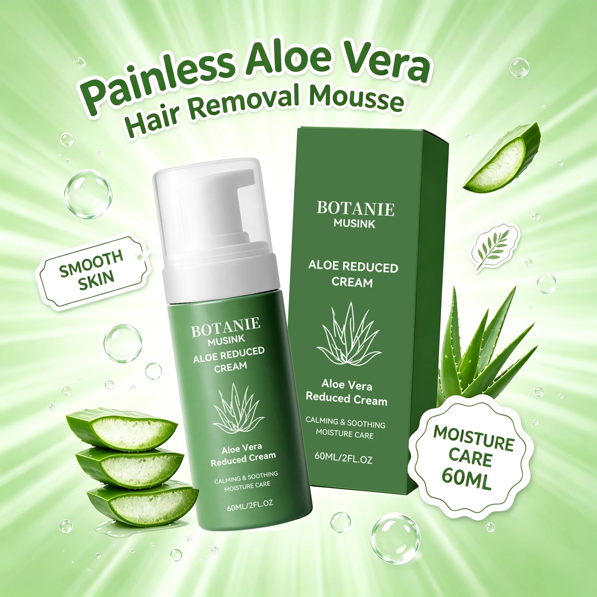 Aloe Vera Painless Hair Removal Mousse for Sensitive Skin Underarms Legs Bikini Area Fast Acting Smoothing Depilatory Cream Foam