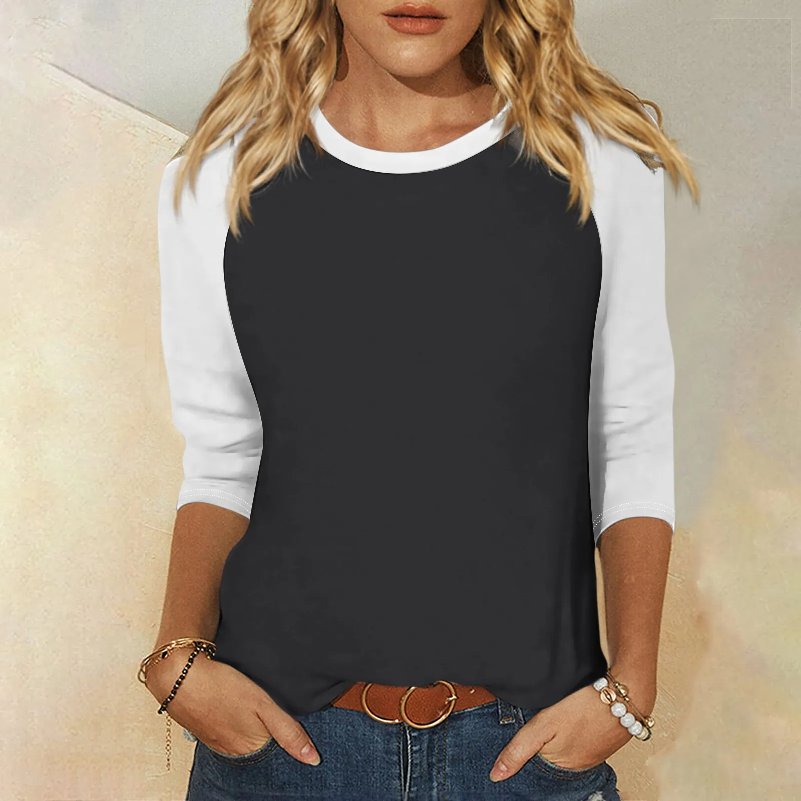 

Женская Повседневная рубашка с рукавом реглан, с круглым вырезом и рукавом 3/4, свободная футболка с принтом в стиле пэчворк, Женский Топ