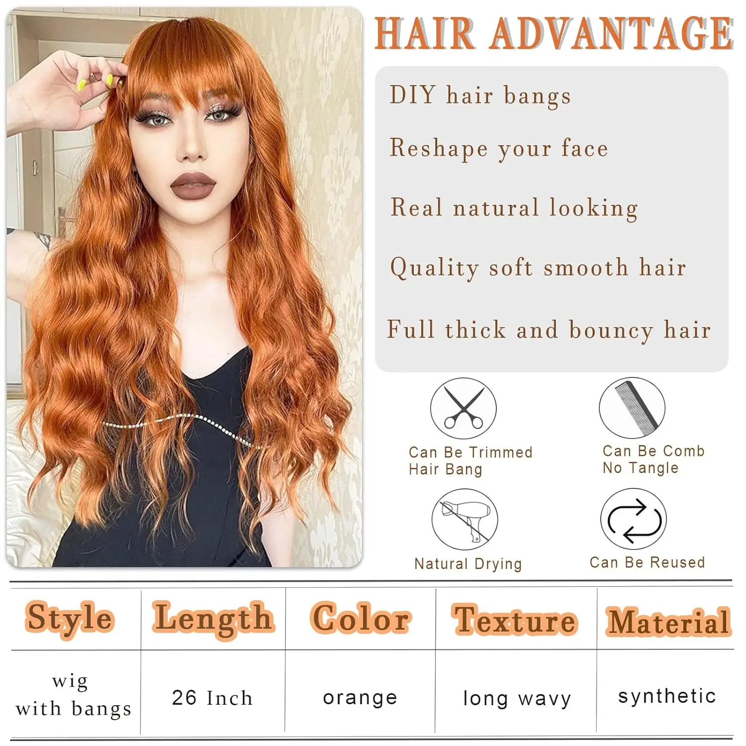 Orange Wigs with Bangs 26 Inch Long Orange Curly Wavy Wigs Wear for Women Looking Synthetic Heat Resistant Wig for Party Use