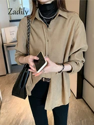 Zadily 2023 Autumn Office Lady Long Sleeve Women Corduroy Basic Shirt Minimalist Button Up Thick Warm Blouse Work Female Tops