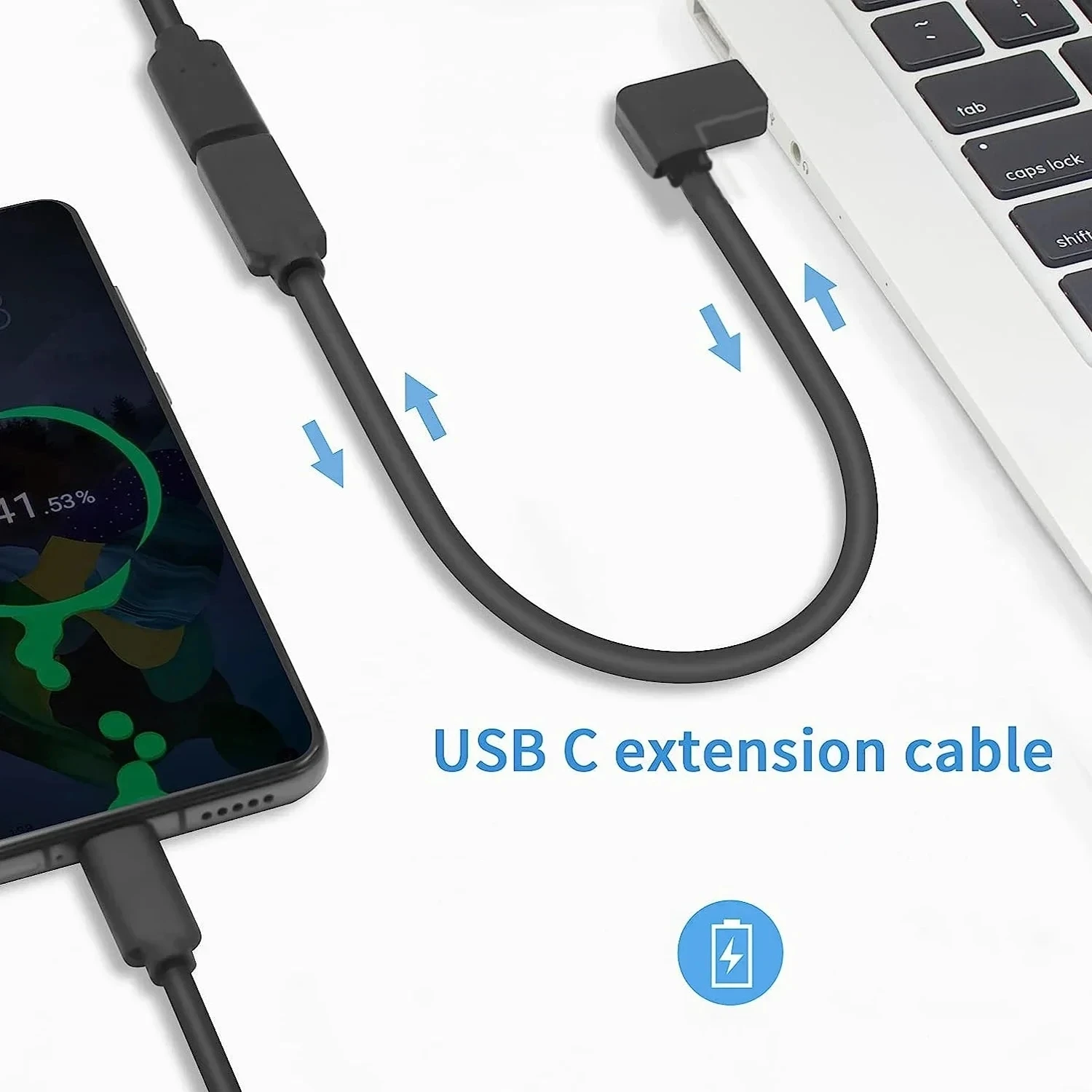 1FT/0.3m USB C Right Angle 90 Degree Type-C Male to Female Extension Cable Power Supply 2A Charging Cord for Mobile Electronics