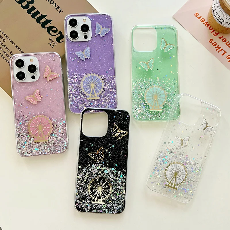 Clear Glitter Epoxy Butterfly Ferris wheel Phone Case For IPhone 15 Pro Max 14 13 12 11 XS XR 7 8 Plus SE2/SE3 Soft Cover