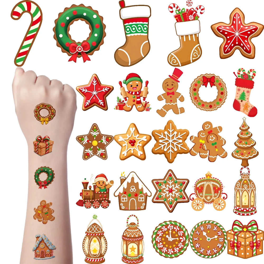 54pcs Temporary Tattoo Gingerbread Man Temporary Tattoo Stickers Christmas Stocking Gingerbread House For Men Shoulders Arms
