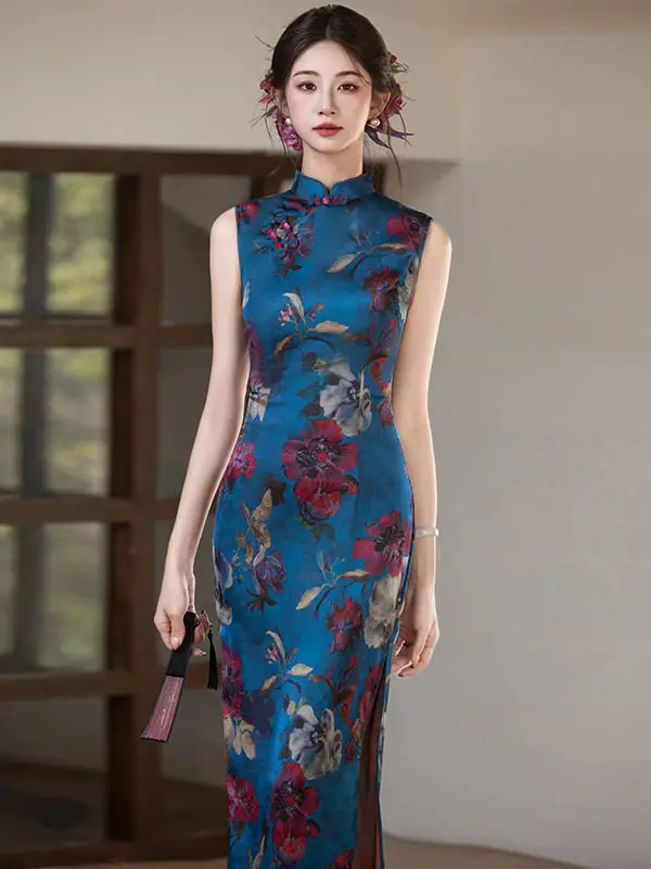 

Синее длинное китайское платье-ципао для молодых женщин, ретро-стиль, с завышенной талией, весна-лето, модное, дышащее