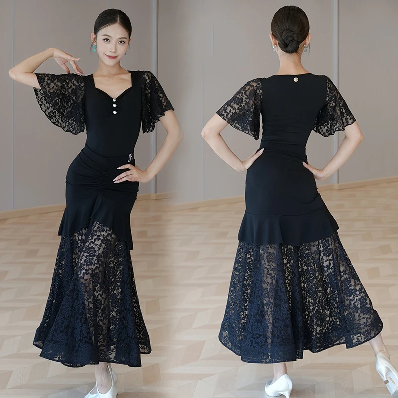 Novas saias de dança de salão rendas grande balanço saia espinha de peixe trajes roupas de prática valsa dança desempenho roupas wear dql11803