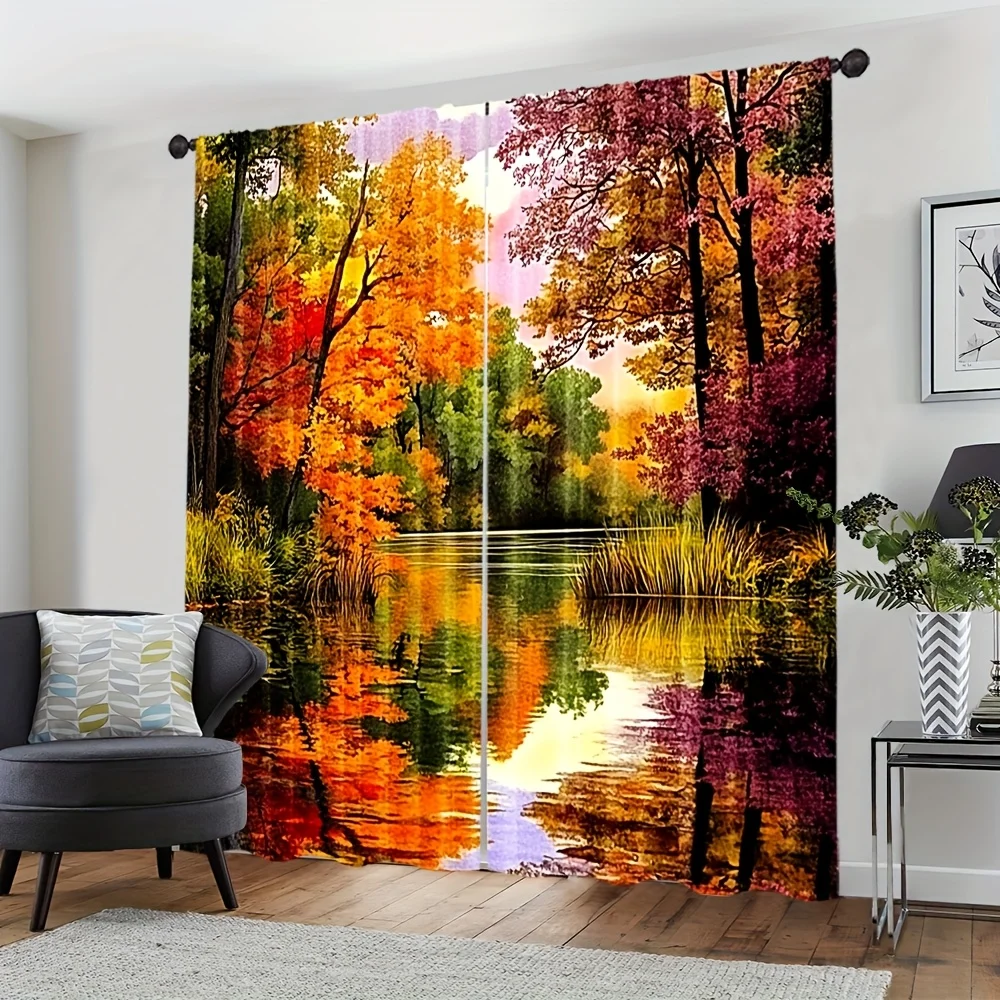 Autumn Forest Curtain, Colorful Lake Reflection Window Drape, Fall Foliage Scenery Blackout Panel, Living Room Home Decor