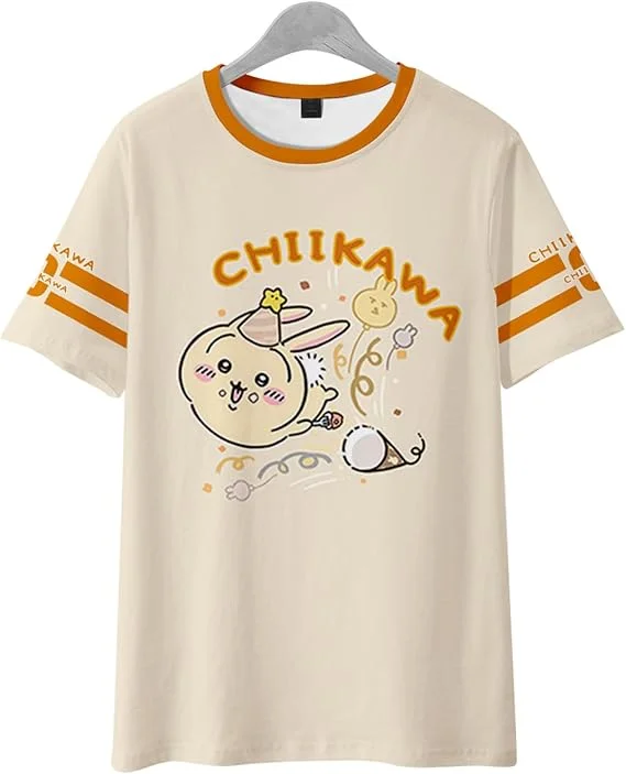 2027 Camiseta Chiikawa con Estampado 3D, Rayas Blancas y Negras, Manga Corta, Personaje de Dibujos Animados, Casual, Unisex, para Combinar en Familia