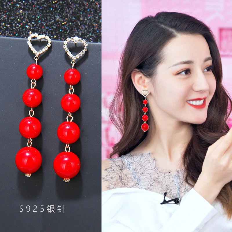 2024 South Korea Heart-shaped Rhinestone Simulated Pearl Pendant Earrings Long Love Pearl  Tassel Earrings Women's Jewelry