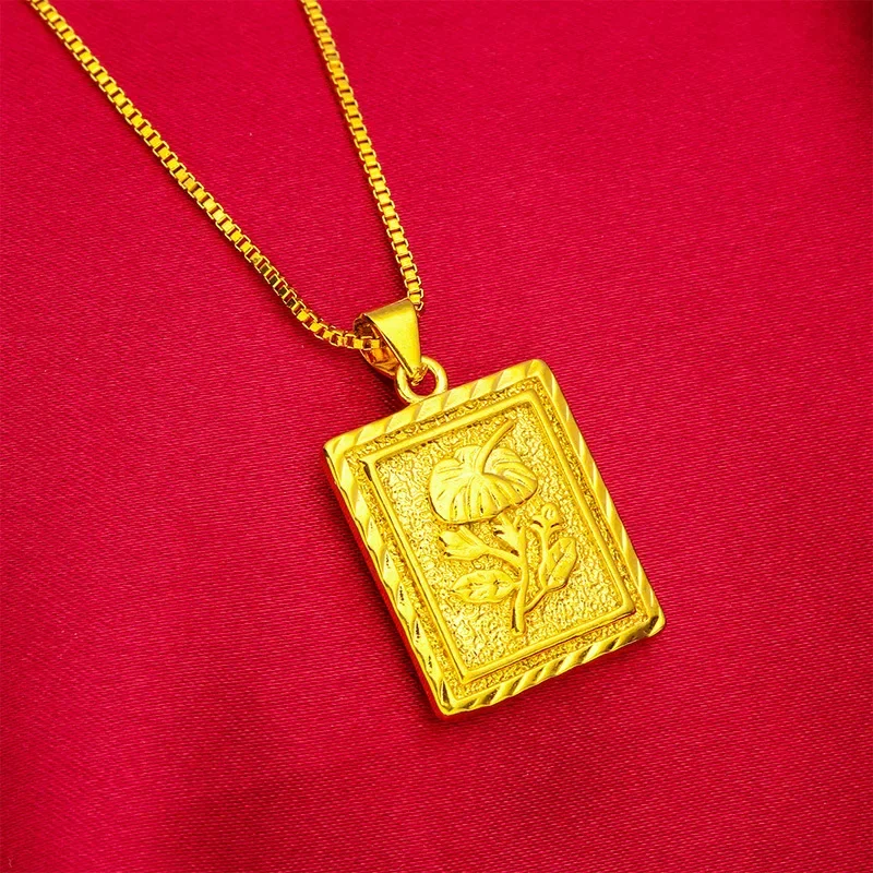 VivoGold 24K Gold Flower Square Necklace AU999 Soft gold, three-dimensional relief square card, daily wear shows softness