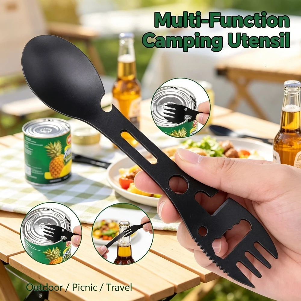 5-in-1 Camping Utensils Set Stainless Steel Portable Cutlery Fork Spoon Bottle Opener Outdoor Survival Gear Travel Hiking Too