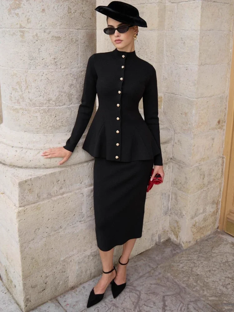 Scalloped Vintage 2-Piece Skirt Set Female Elegance Long Sleeves Round Neck Top And Slim Maxi Skirt Outfits Female Sets