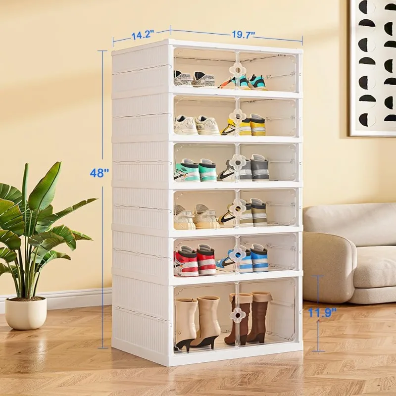 Foldable Shoe Rack Organizer Storage Box Size up to 15, Widen to 19.7'' Portable Shoe Shelf Cabinet Closet with Magnetic Clear