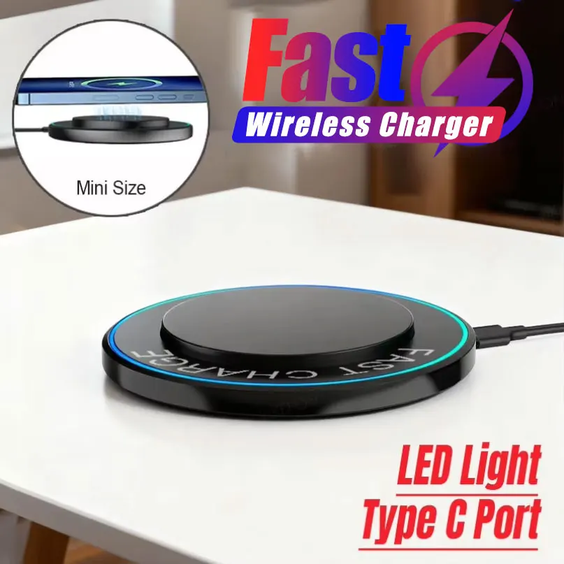 Kabelloses Ladegerät mit LED-Licht und Mini-Desktop-Ständer für iPhone 17~12 Pro Max, Samsung S25 S24, Xiaomi 17 – Schnelle Ladestation
