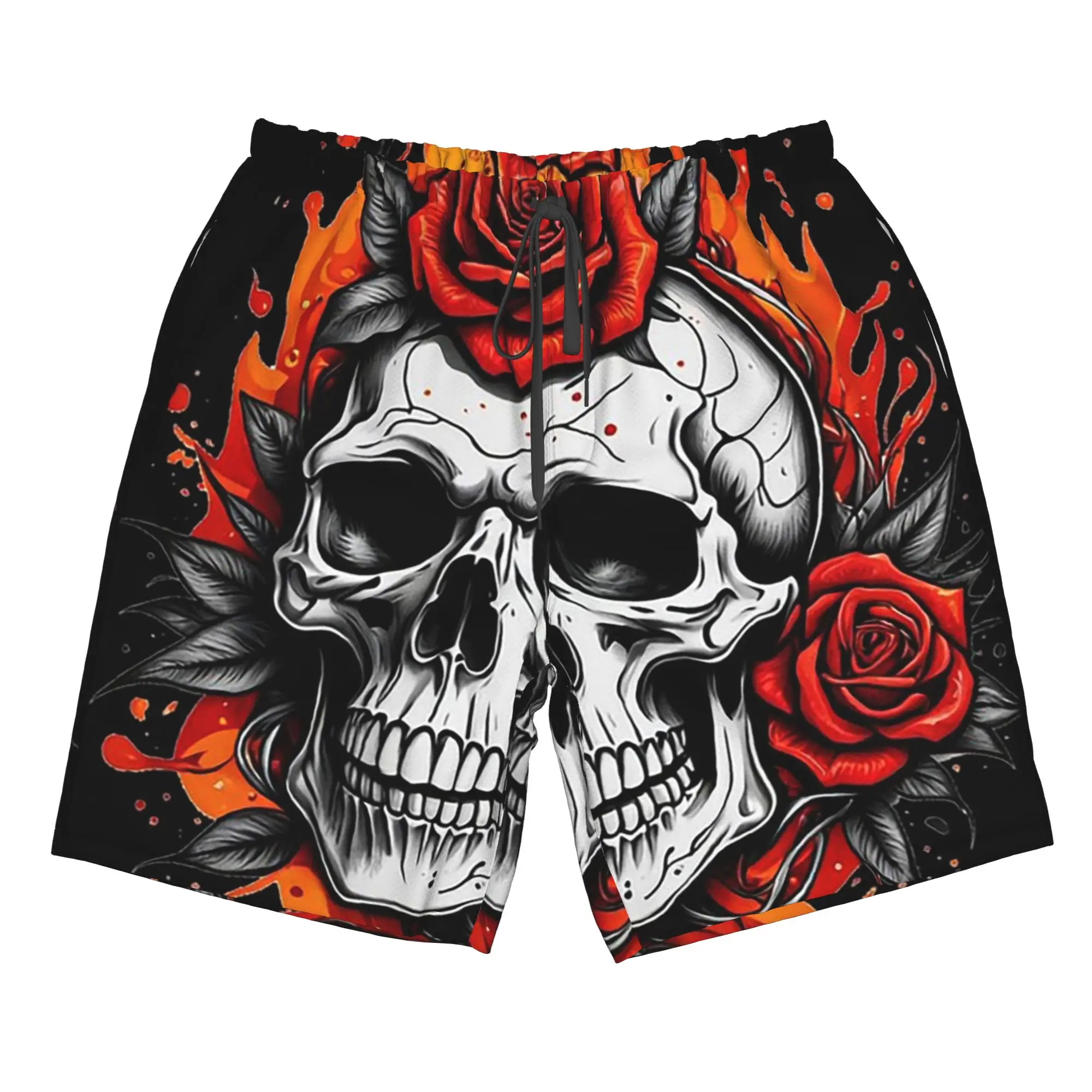 Skull With Rose in Fire Design Trunks Beach Board Shorts Casual Quick Dry Swimming Summer Men Pants