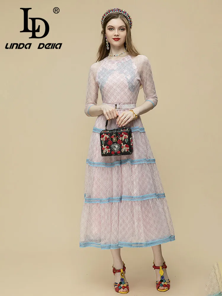 

LD LINDA DELLA Fashion Designer Summer Dress Women's 3/4 sleeves Belted Lace Patchwork Pink Party Vintage Midi Dresses