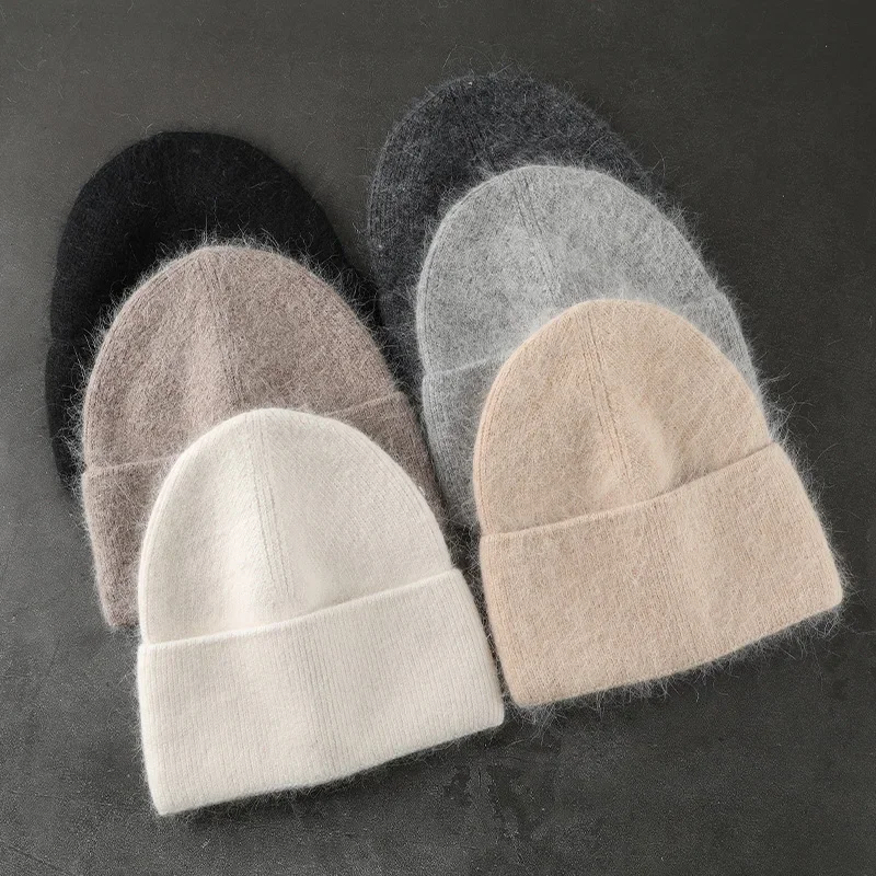 2024 Angora Winter Hat For Women Solid Color Real Rabbit Fur Beanies Woman Soft Knitted Bonnet Female Warm Ski Skullies Beanies