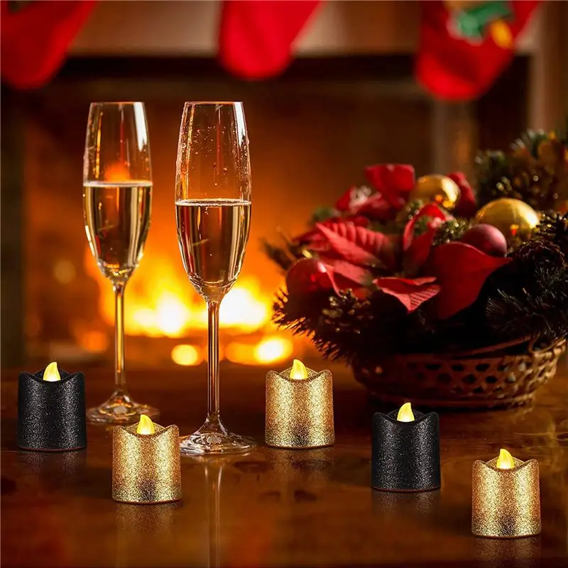A74E-48 Packs Gold Flameless Votive Candles Black Glitter LED Tealights Battery Operated Tea Lights Warm Yellow Light Holder